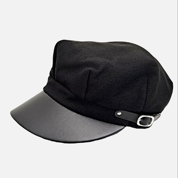 Women's Baker boy black faux leather fabric soft hat cap casual beret new - Picture 3 of 16